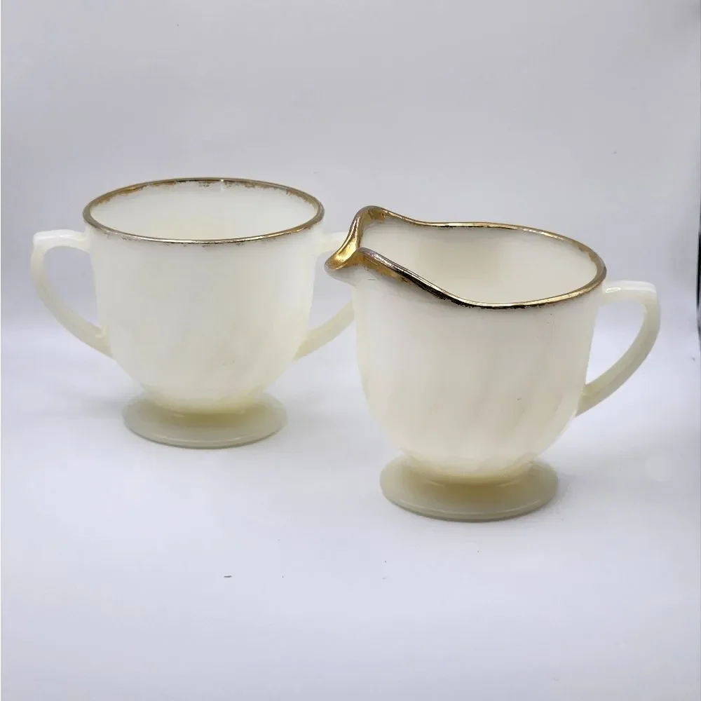Fire-King Oven Ware Milk Glass Swirl Sugar Bowl & Creamer Gold Trim made in USA